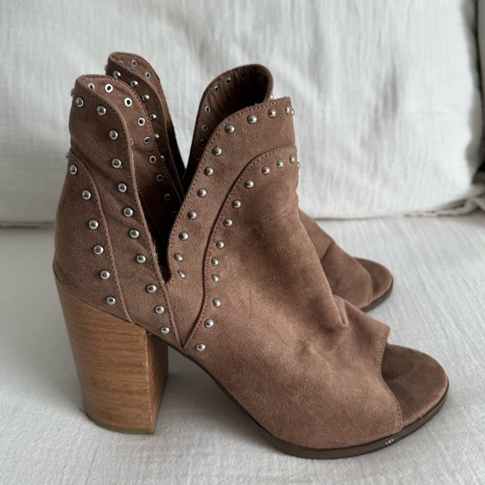 Y2K Report Brown Faux Suede & Studded Peep Toe High Heel Booties